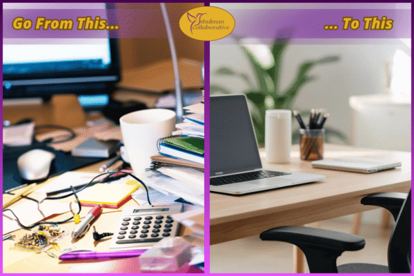 A side-by-side "Before and After" comparison. On the left, a cluttered, messy desk representing overwhelm; on the right, a clean, minimalist workspace with a plant and laptop representing calm and focus.